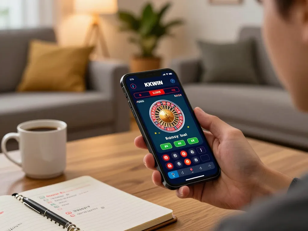 Engaging with KKWIN app for mobile gambling in a cozy home setting, showcasing responsible gaming.