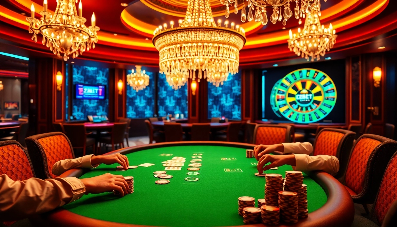 E2BET poker players strategizing over stylish poker chips and cards in a vibrant casino atmosphere.