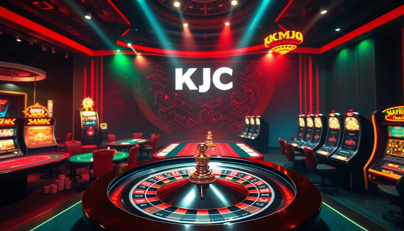 Exciting casino scene with KJC branding, featuring poker tables, roulette wheel, and vibrant slot machines.