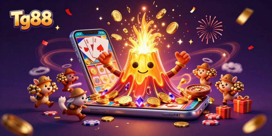 Tg88 showcases a thrilling gaming experience with a golden volcano erupting coins and treasures.