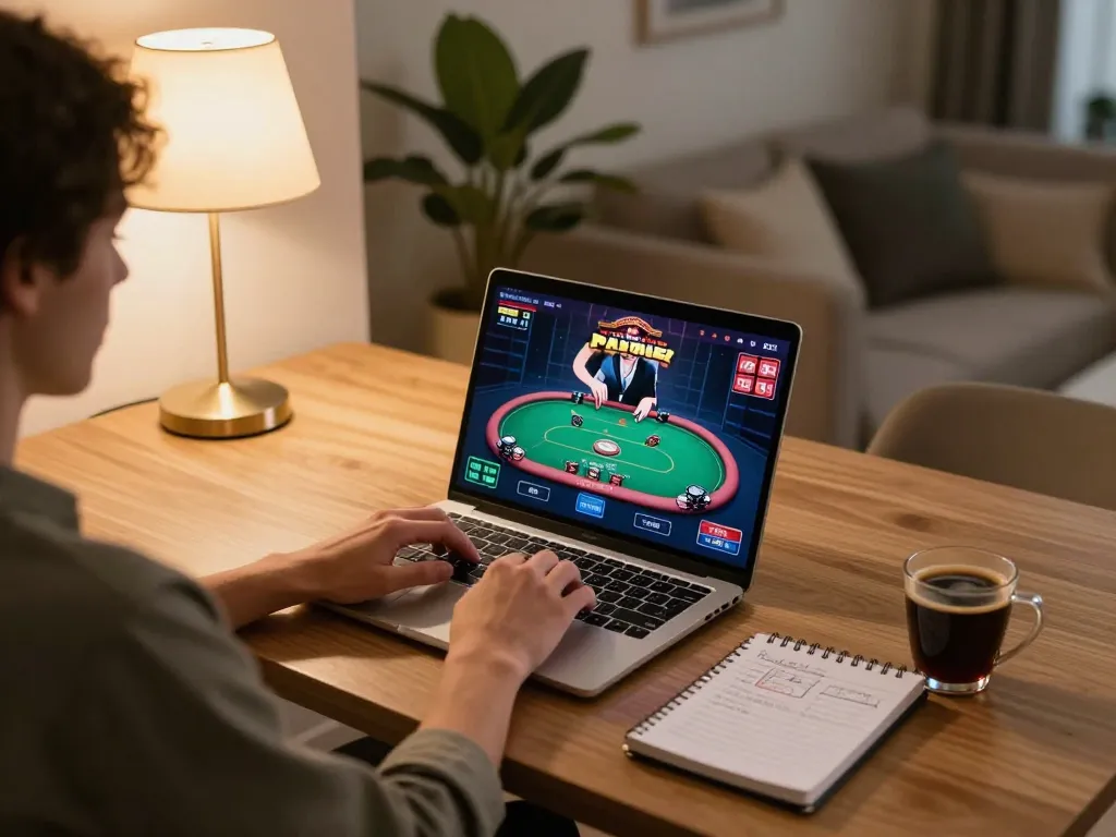 Engaging in online poker gaming at home through https://fabet.credit/ with strategic notes and a cozy setup