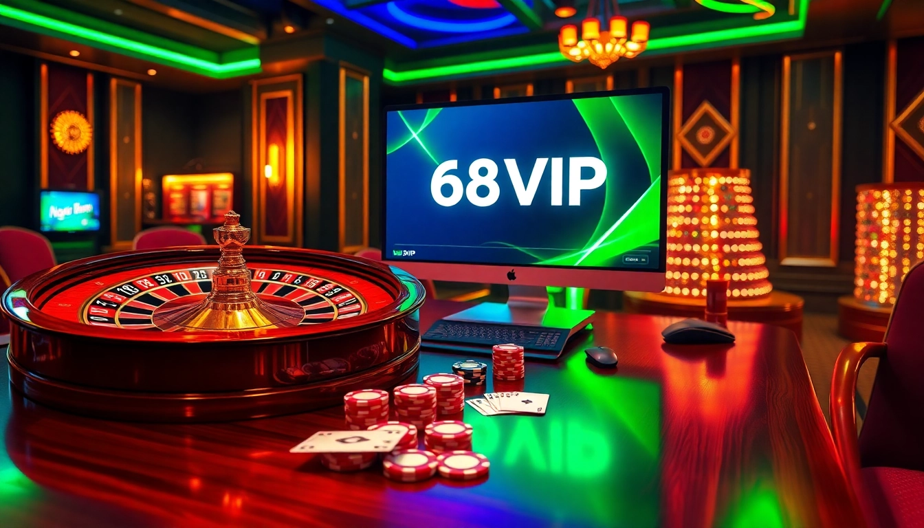 Experience exciting games with Link Vào Nhà Cái 68VIP featuring roulette, poker chips, and immersive online gambling.