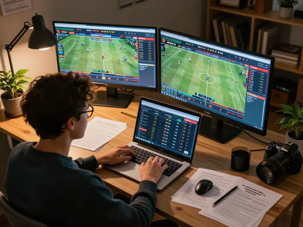 Bong88 user analyzing sports betting odds and strategies at home with laptop and notes.
