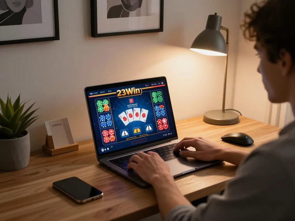 Player immersed in 23Win online gaming, showcasing vibrant casino interface and cozy home setup.