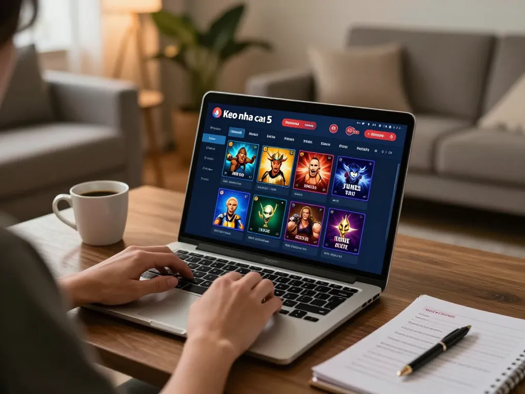 Engaging player exploring Keo nha cai 5 online betting interface at home with strategic notes
