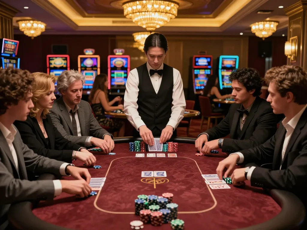 Players at HD88 poker table enjoy strategic gameplay in a luxurious casino.