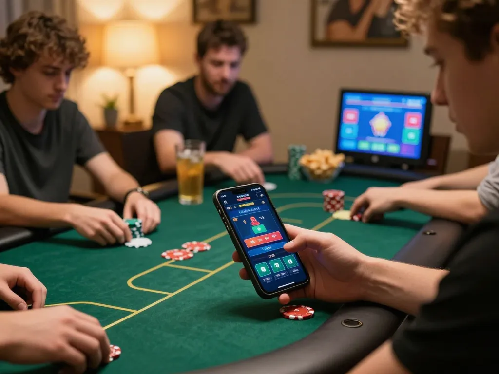 Players engaged in online poker gameplay on smartphone and tablet featuring az888 app in a cozy home setting.