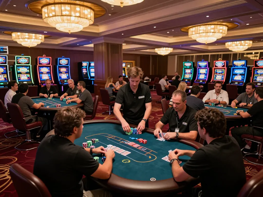 Players enjoying poker at FO88 casino with vibrant atmosphere and engaged dealer