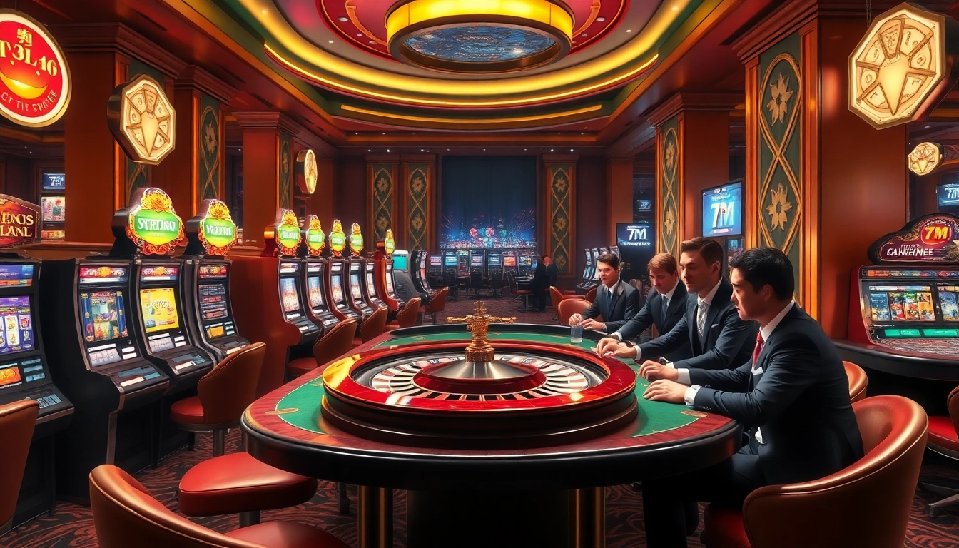 Players strategizing at a poker table in a luxurious casino environment, spotlighting 7M excitement and action.