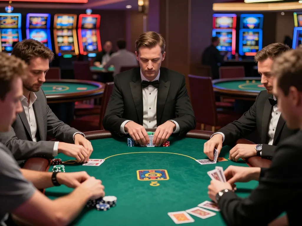 Rik88 players engaged in intense poker strategy at a luxury casino table