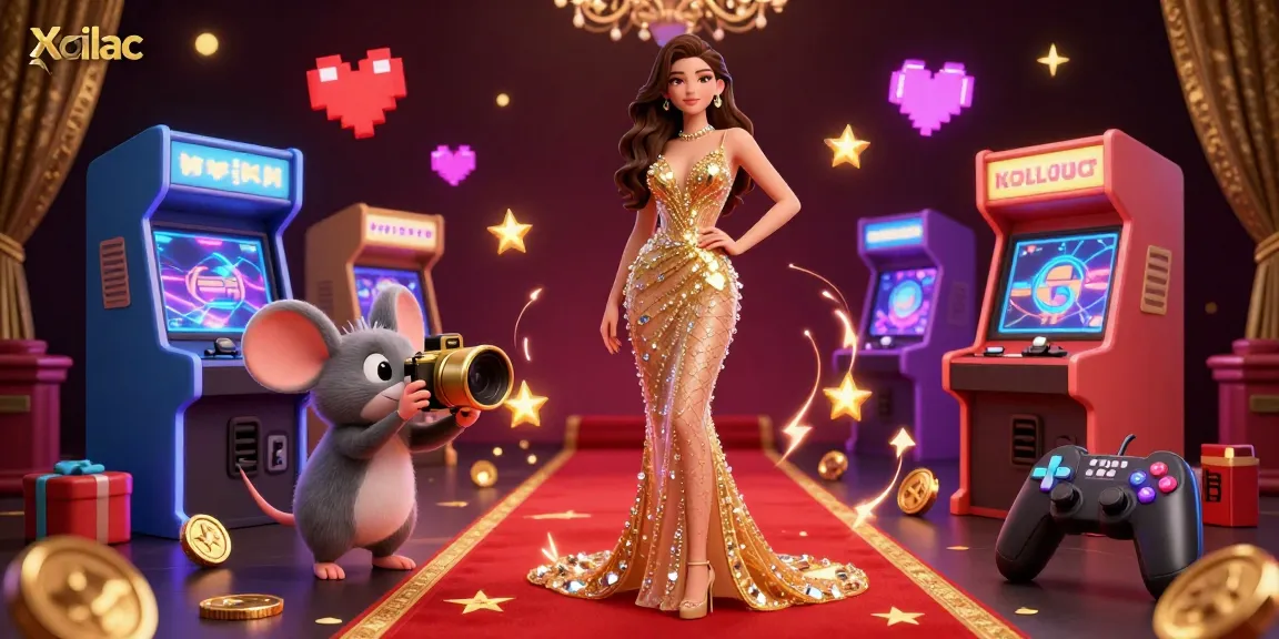 Xoilac featured in a vibrant 3D casino scene with a glamorous woman, dynamic gaming elements, and golden accents.