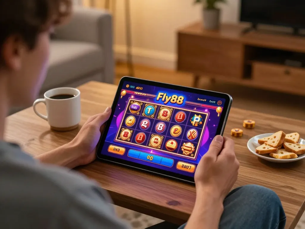 Playing online slots on Fly88 in a cozy home setting with tablet and snacks.