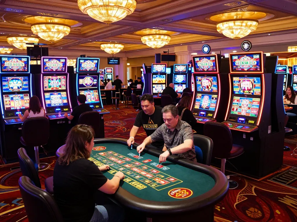 man88 slot machines in action, vibrant casino lights and engaged players celebrated wins