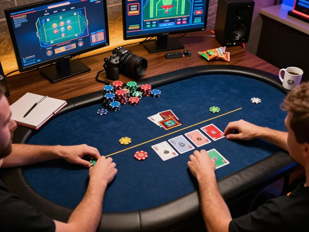 Gambling enthusiast enjoying online poker gameplay on 789Club platform with multiple devices.