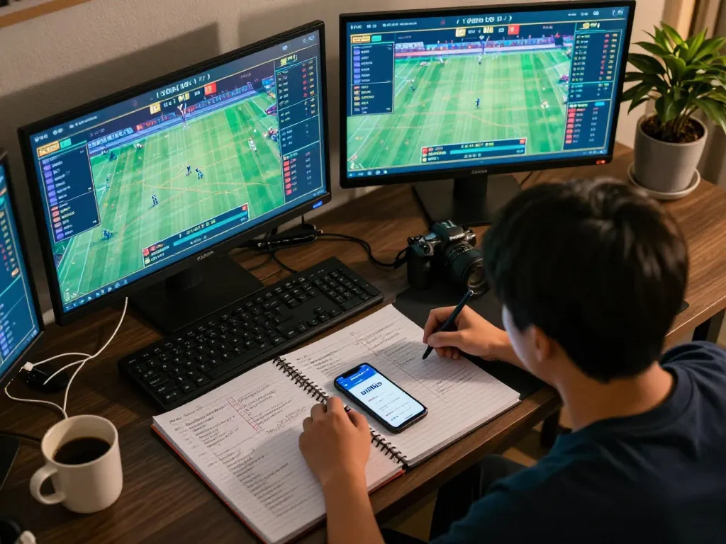 Engaging sports betting session at home with sky88co app on screen, demonstrating strategic analysis.