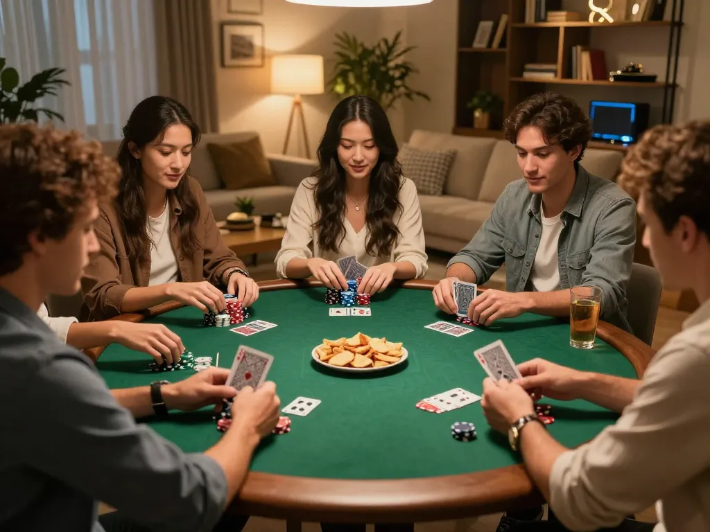 okfun friends enjoying a fun poker game night with warm lighting and snacks