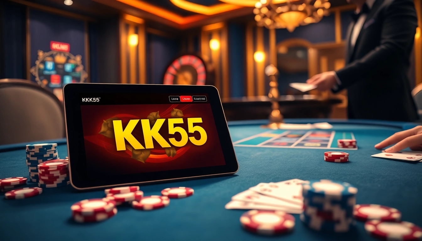 Engaging players at KK55 casino table with vibrant gambling elements and tablet interface.