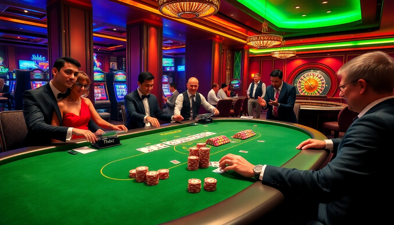 Thrilling poker game at Thabet-themed casino with excited players and luxurious tables.