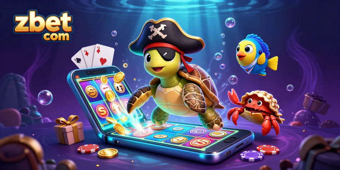 Engage with zbet com's vibrant casino world featuring a pirate turtle, crab, and parrotfish.