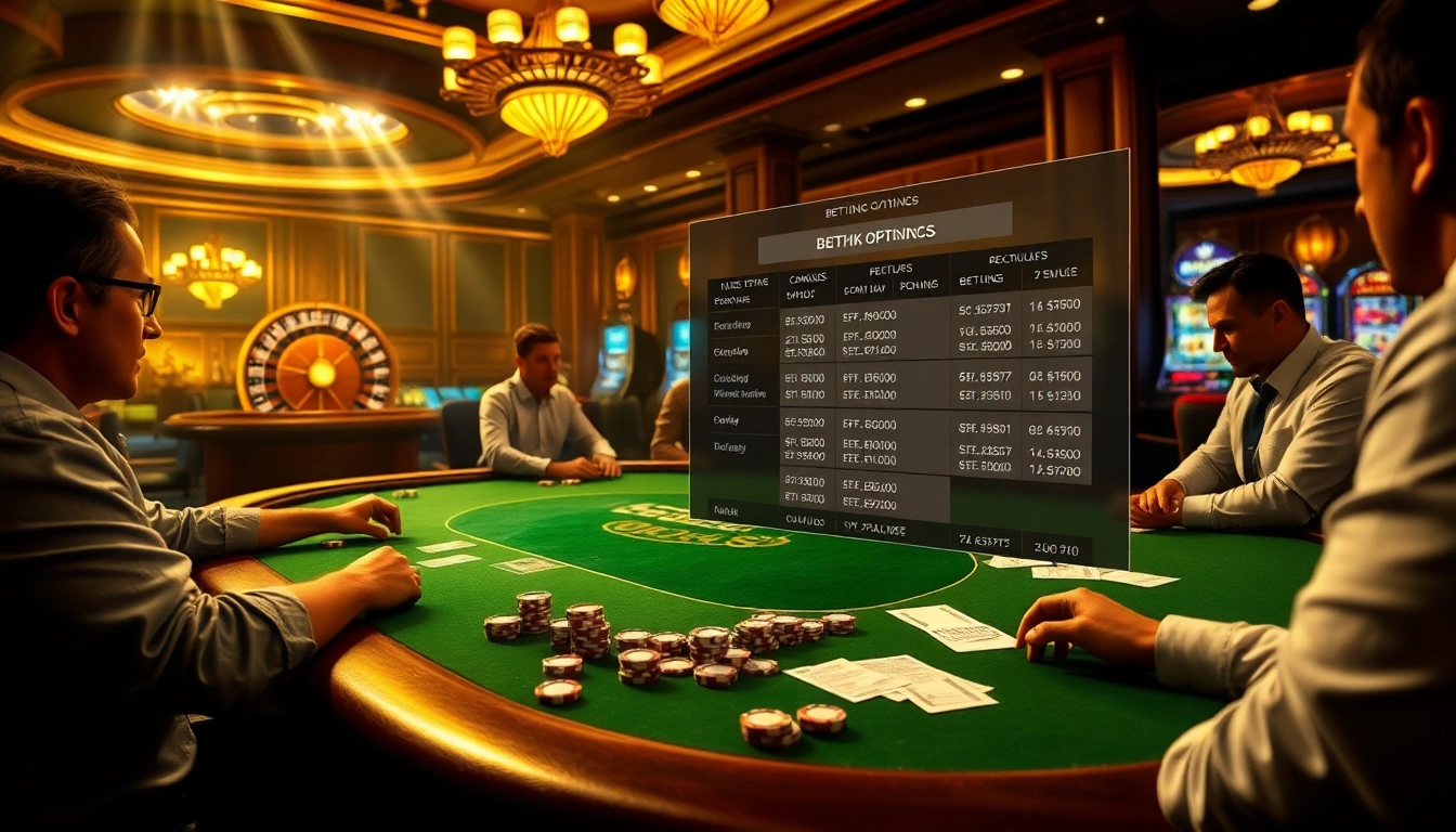 Players engaging in a thrilling poker game at BDTK1 casino with vibrant slot machines in the background.