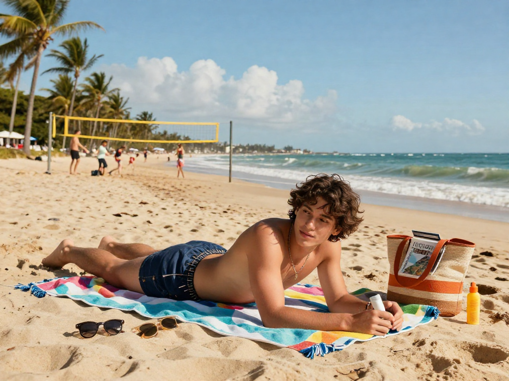 A young person relaxing on the beach with BIKINISLOT fashion items, enjoying summer vibes under a bright blue sky.