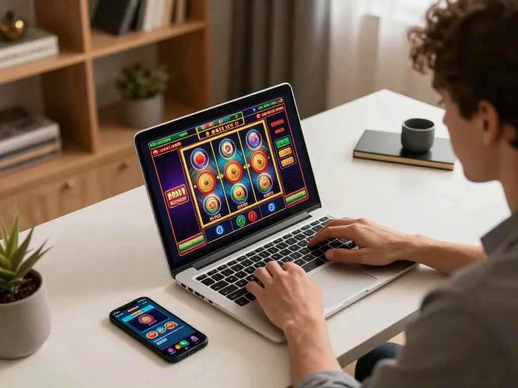 Player engaging in online gambling at home with nhà cái CM88 on laptop and smartphone, showcasing a dynamic gaming setup.