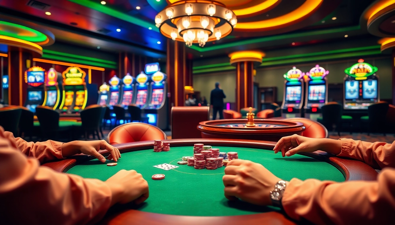 Players enjoying a thrilling poker game at the MM88 casino table, surrounded by vibrant slot machines.