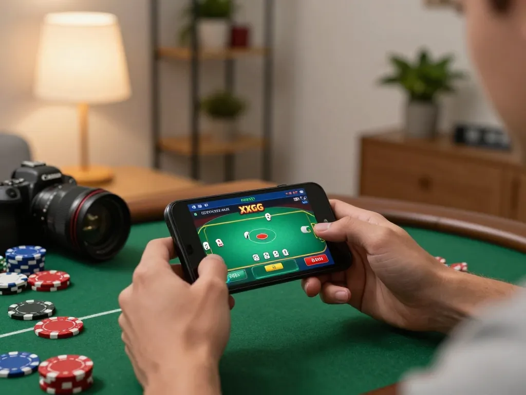 Engaging with the XXGG app for mobile poker gaming, vibrant casual home setting.