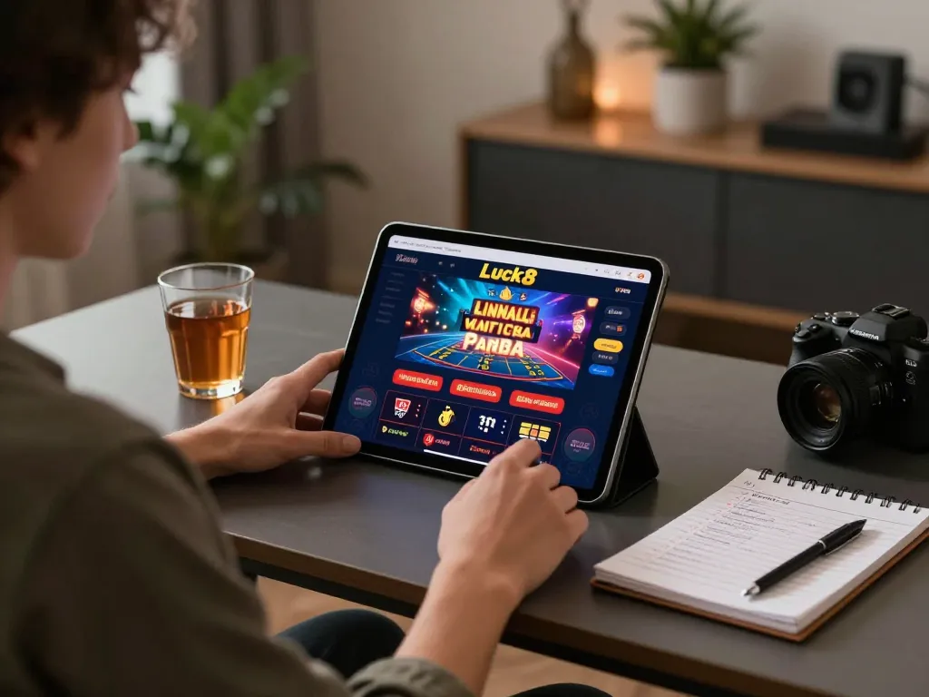 Engaging in Luck8 online gaming with a tablet displaying casino interface and strategy notes.