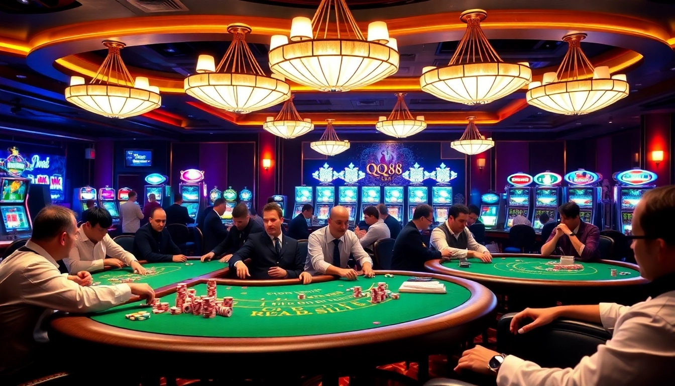 Players enjoying a lively game at the QQ88 casino table, with poker chips and dice prominently featured.