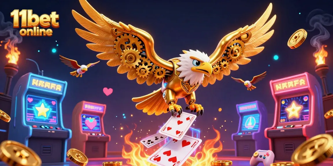 Engage with 11bet online's vibrant 3D illustration showcasing a golden eagle amidst colorful gaming elements.