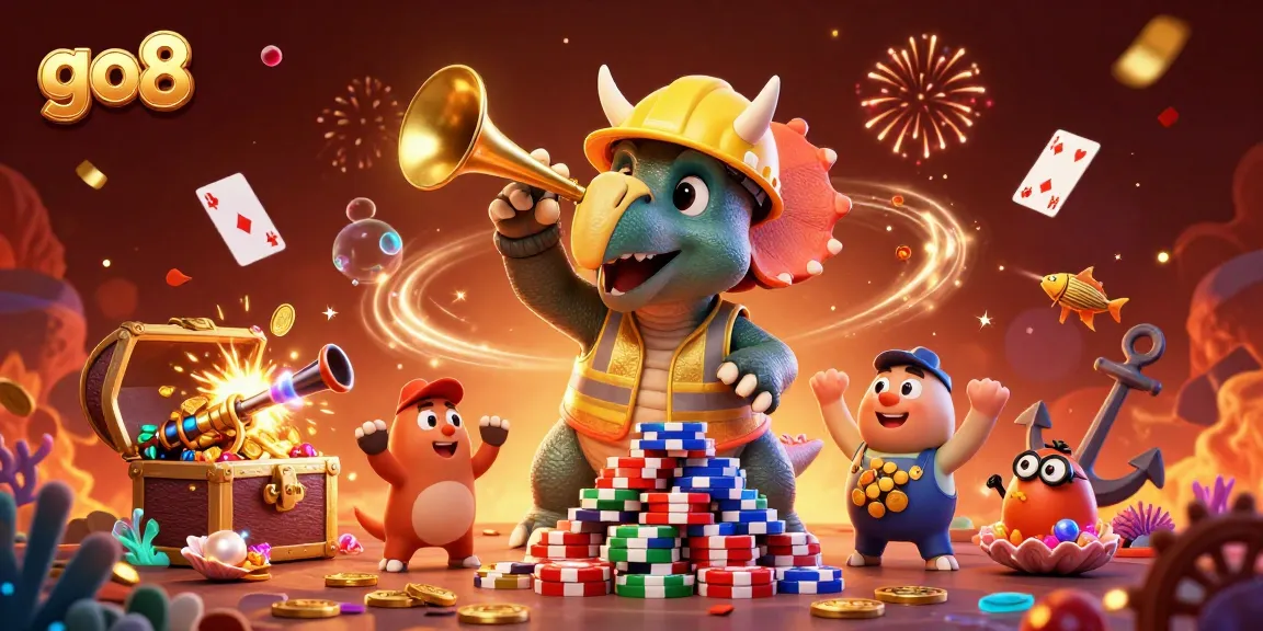 Celebrate winnings at go8 casino with an exciting illustration of a triceratops and parasaurolophus in a vibrant gaming atmosphere.