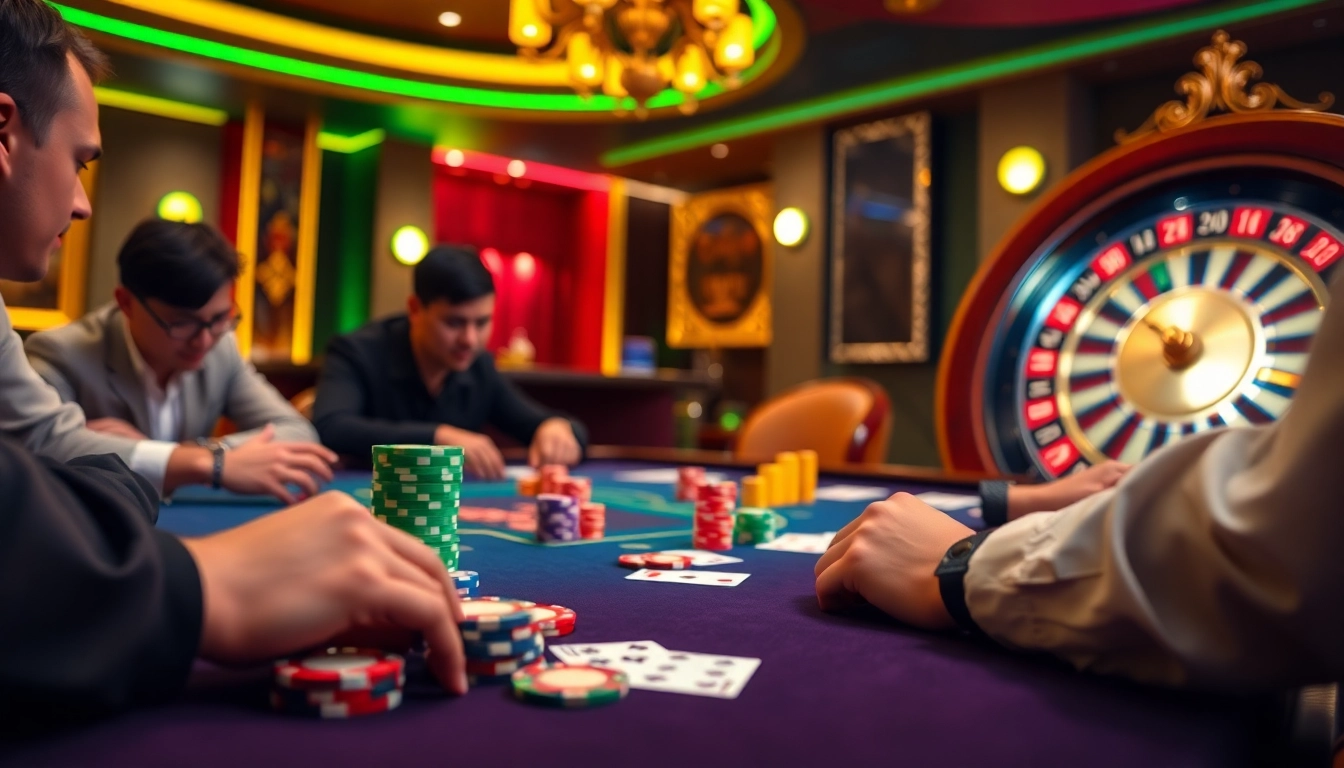 Players enjoying poker at a casino table, capturing the excitement of gambling at https://luck8.media/.
