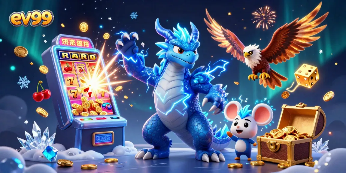 Spin the reels with ev99, featuring a vibrant dragon and bright slot machine elements in a thrilling casino scene.