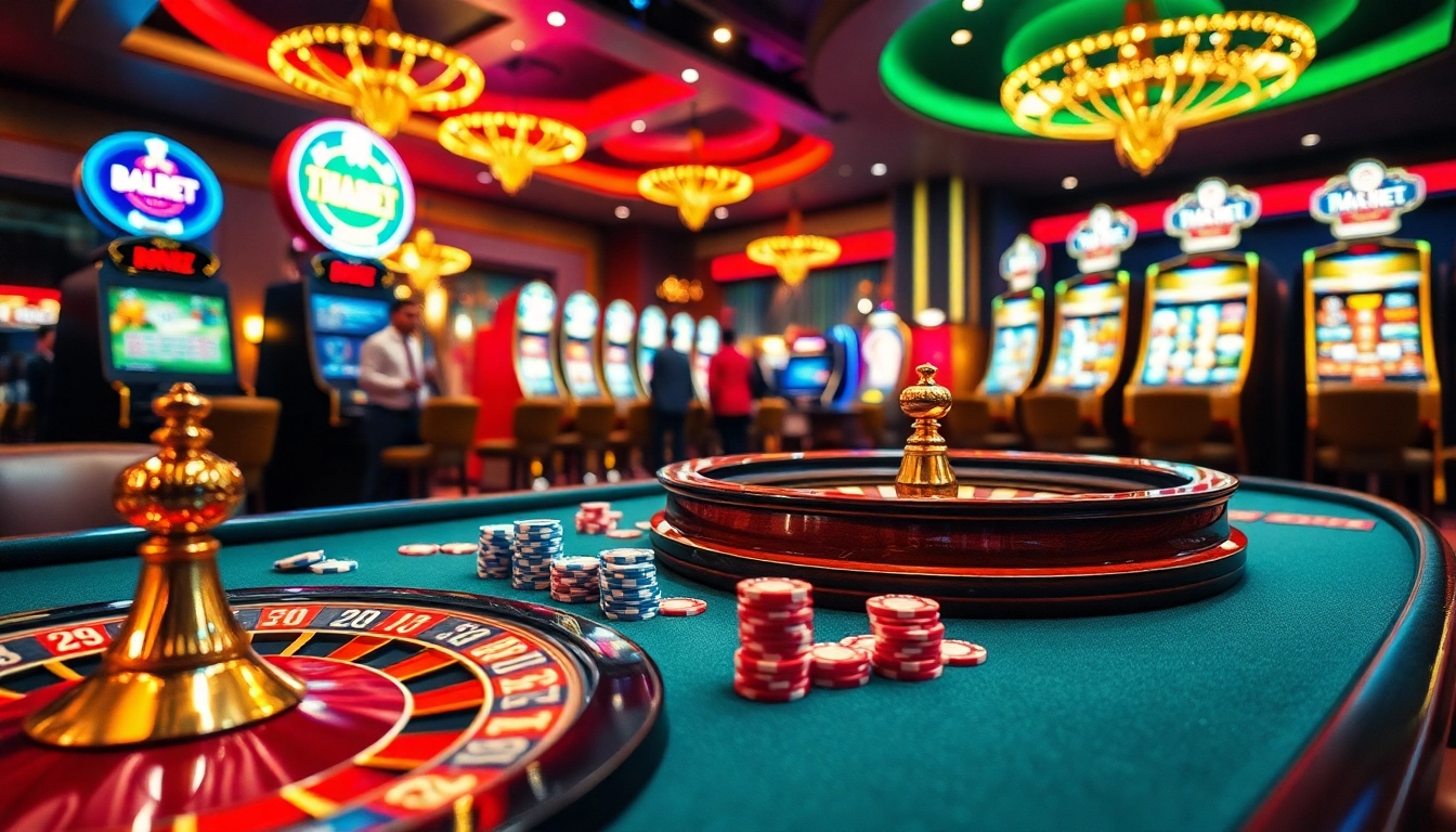 Players engaging in thrilling casino games at THABET, featuring roulette and slot machines.