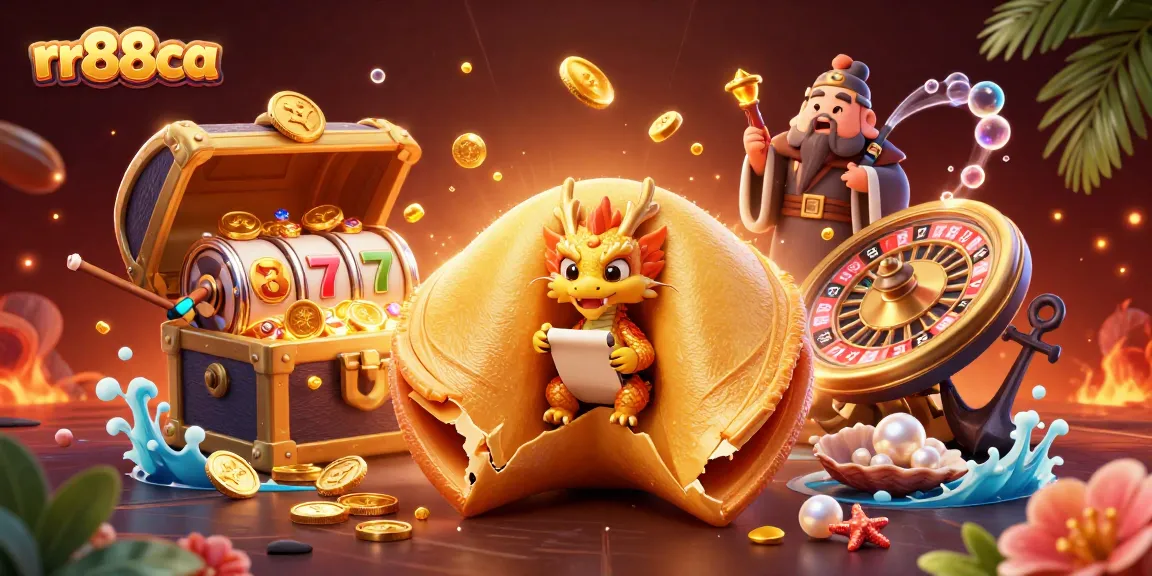 Join the fun at rr88ca as a wise dragon guards the fortune within a golden cookie amidst casino treasures!