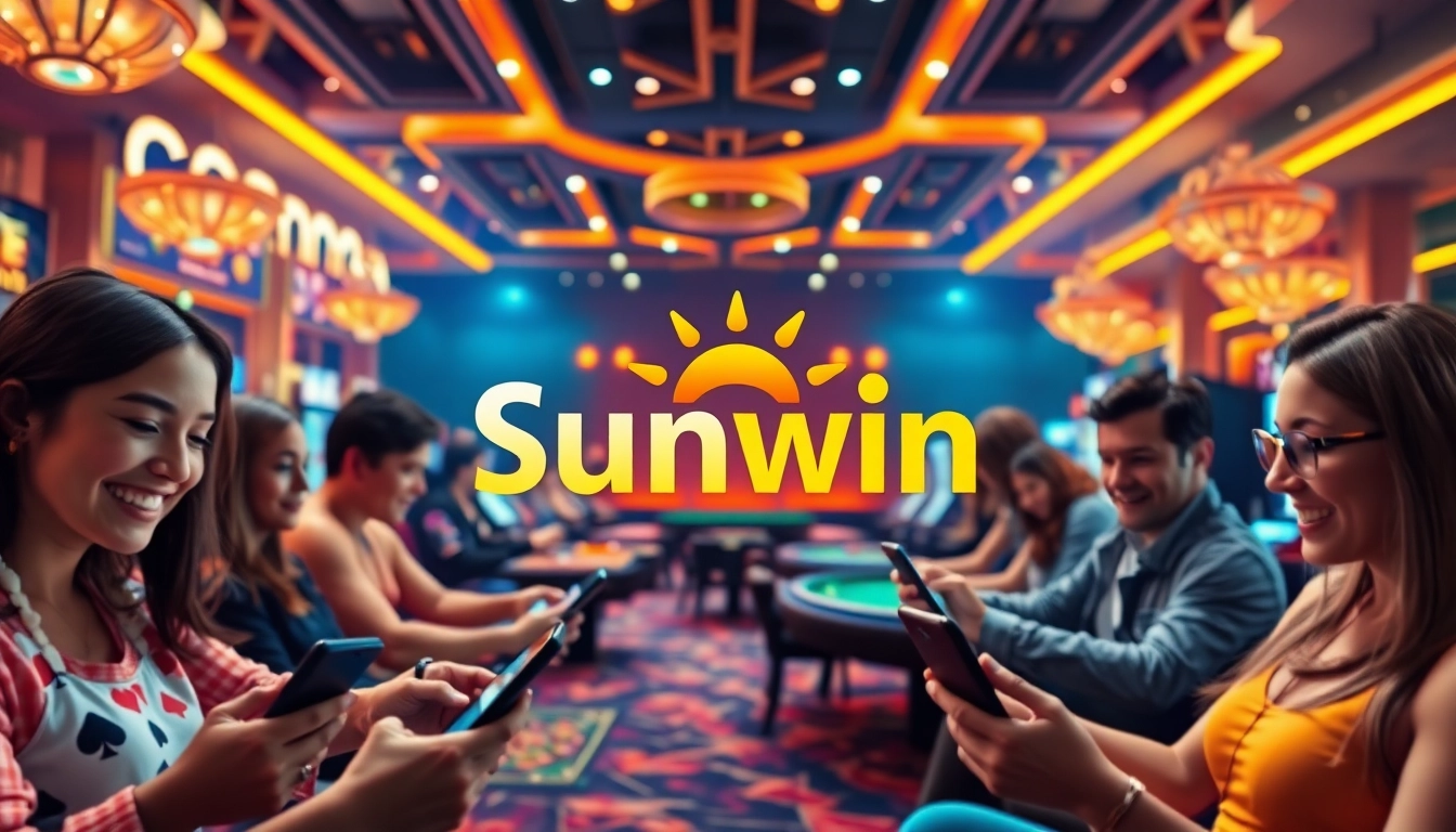 Sunwin gaming platform showcasing diverse games and happy players in a vibrant digital environment.