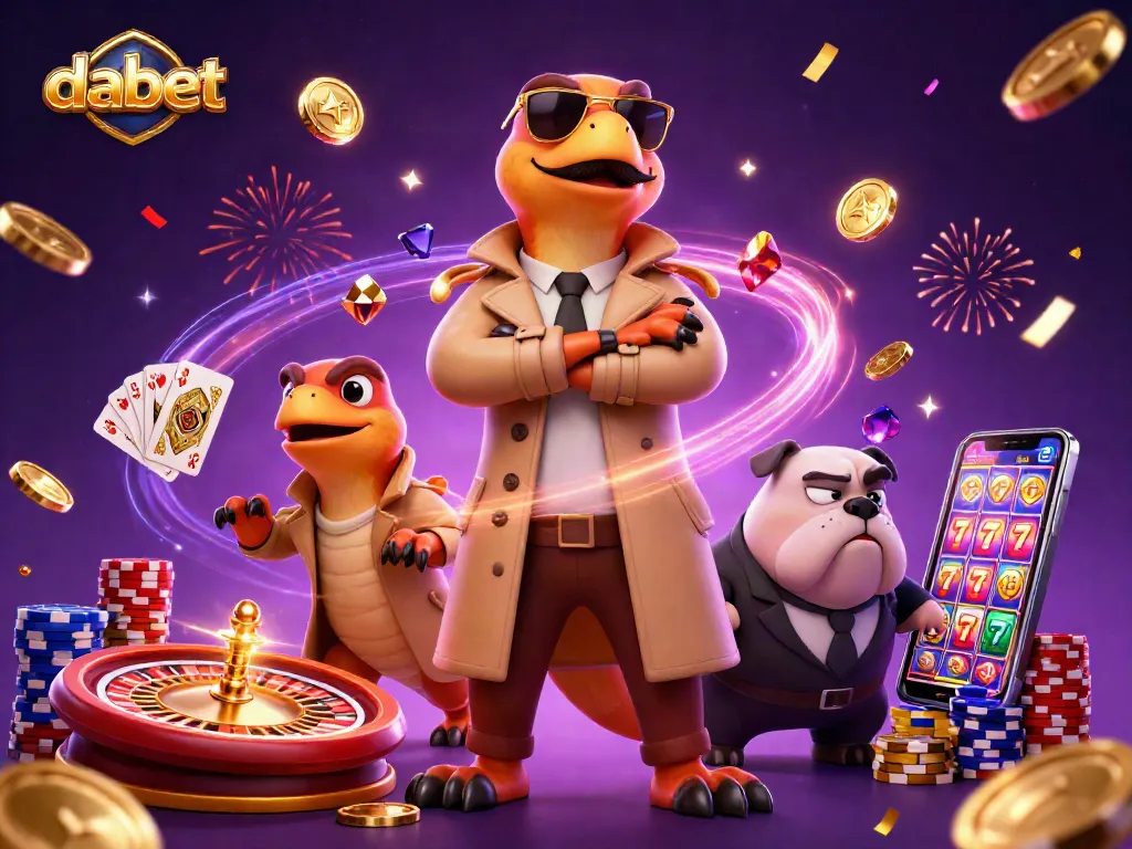 Dabet raptors humorously disguised as a tall gambler entering a VIP lounge amidst casino symbols.