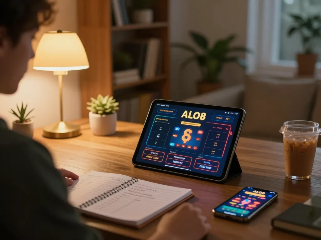 Engaged player experiencing ALO8 platform on a tablet, illustrating strategic online gaming in a warm home atmosphere.