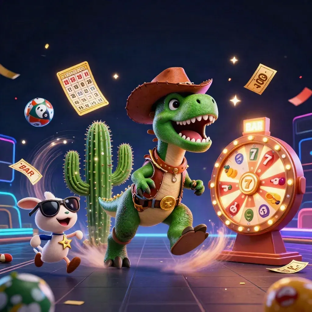 Cowboy T-Rex, cactus sidekick and roadrunner amid casino lights, reels, confetti and fireworks.