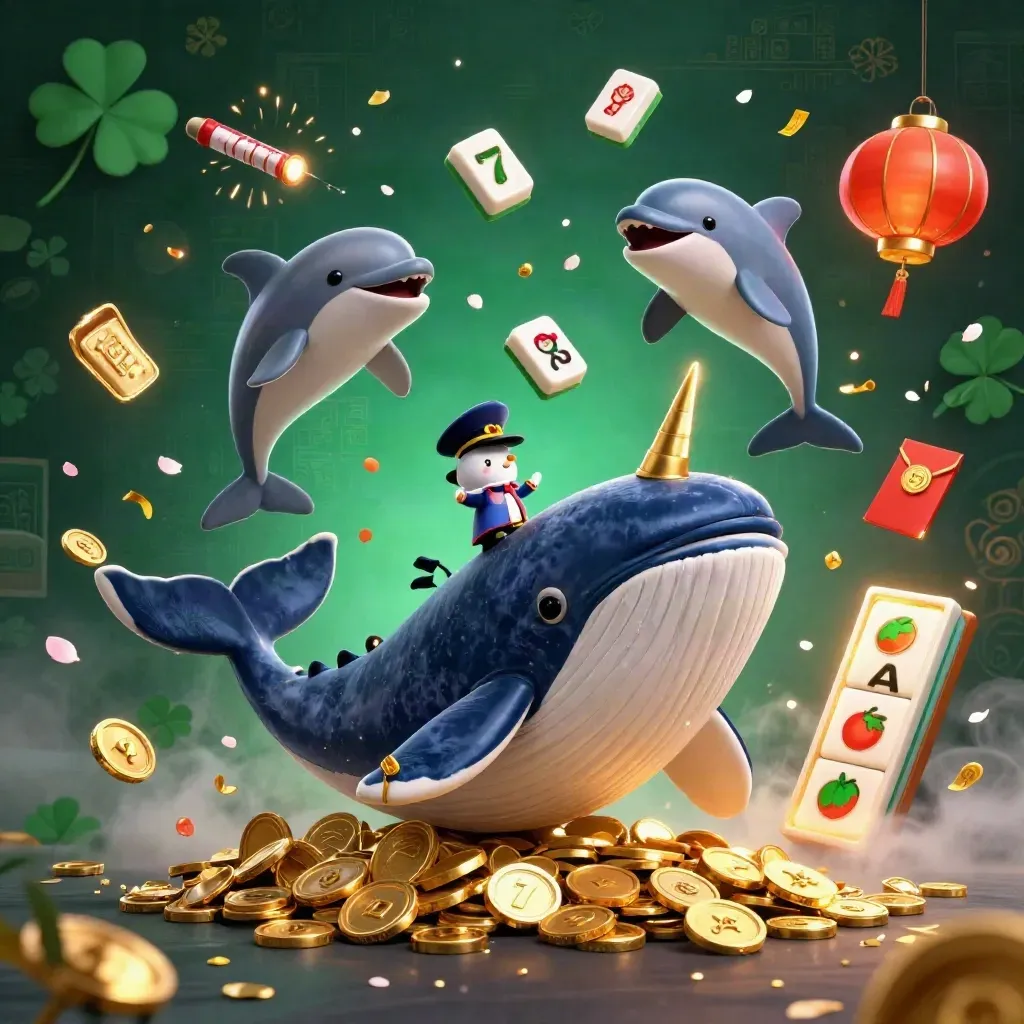 Whale captain, narwhal and dolphins erupt through coins with lanterns, jade and fireworks in emerald casino light.