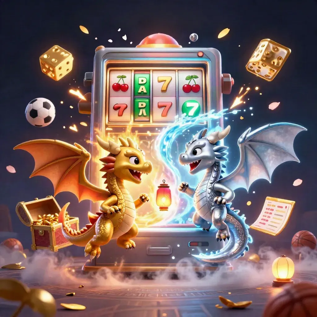 Gold and silver dragons whirl through casino magic with sports balls and glowing treasure.