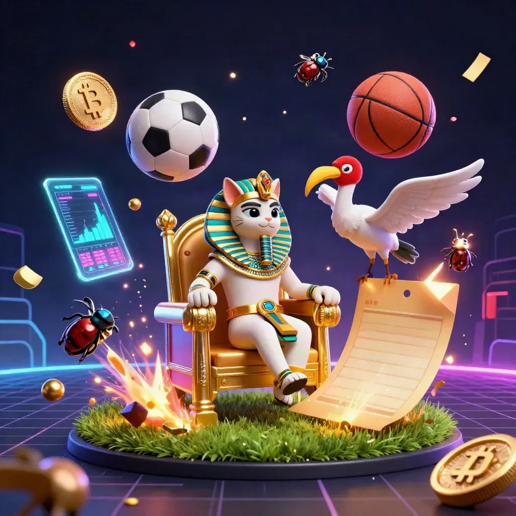 Pharaoh cat, ibis scribe, scarabs, and sports balls explode in neon casino action.