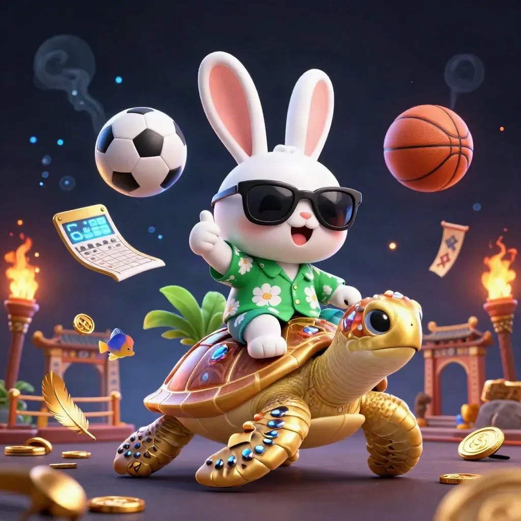 Lucky rabbit on a gold turtle amid casino glow, sports balls, coins, temple gate and sparks.