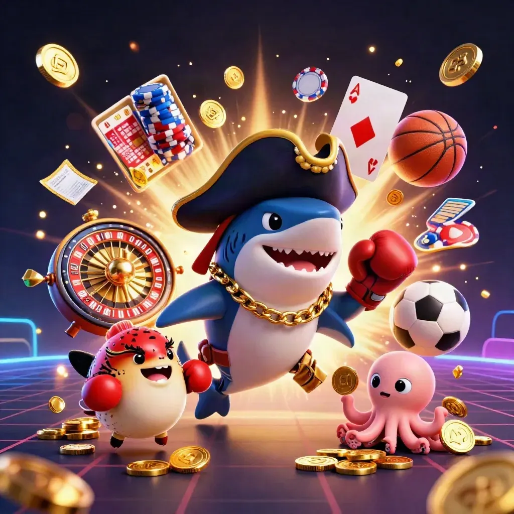 Pirate shark, boxing pufferfish and coin-juggling octopus amid casino sports props and glowing gold.