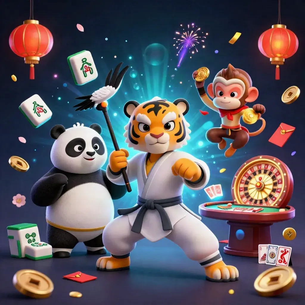 Tiger, panda, and monkey in a luxe casino blast with lanterns, coins, and a spinning wheel.