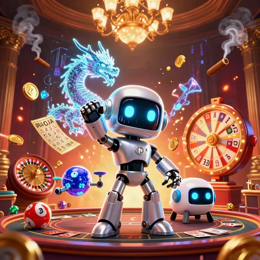Robot mascot, holographic dragon, and coin drone amid casino glow and flying game elements.