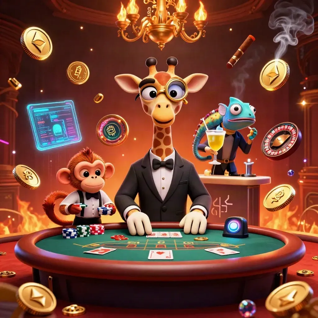 Giraffe high roller with monkey valet and chameleon bartender in a glowing casino room