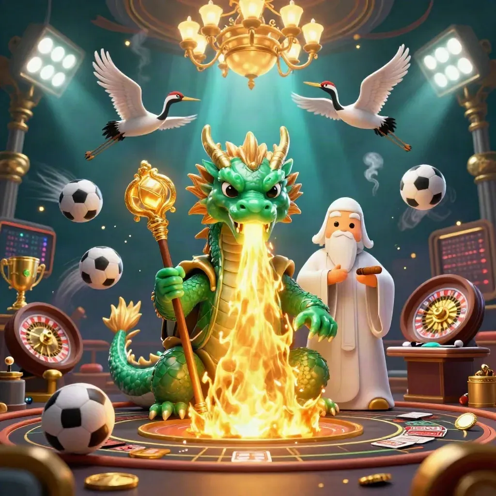 Emerald dragon, wise turtle, cranes, casino lights, coins, and sport icons in a premium fantasy splash.