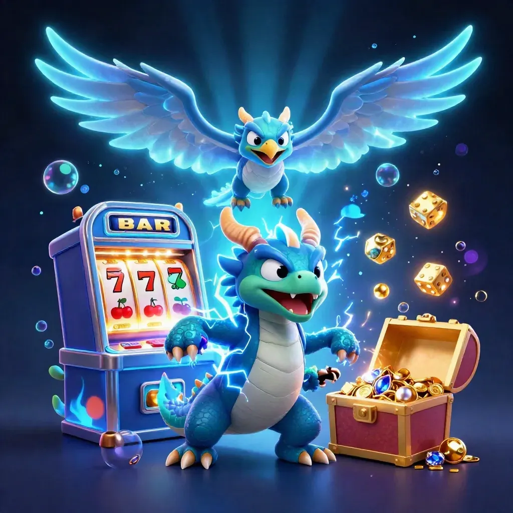 Thunder dragon, wind hawk and static mouse amid casino bursts, gold gems and cyan lightning